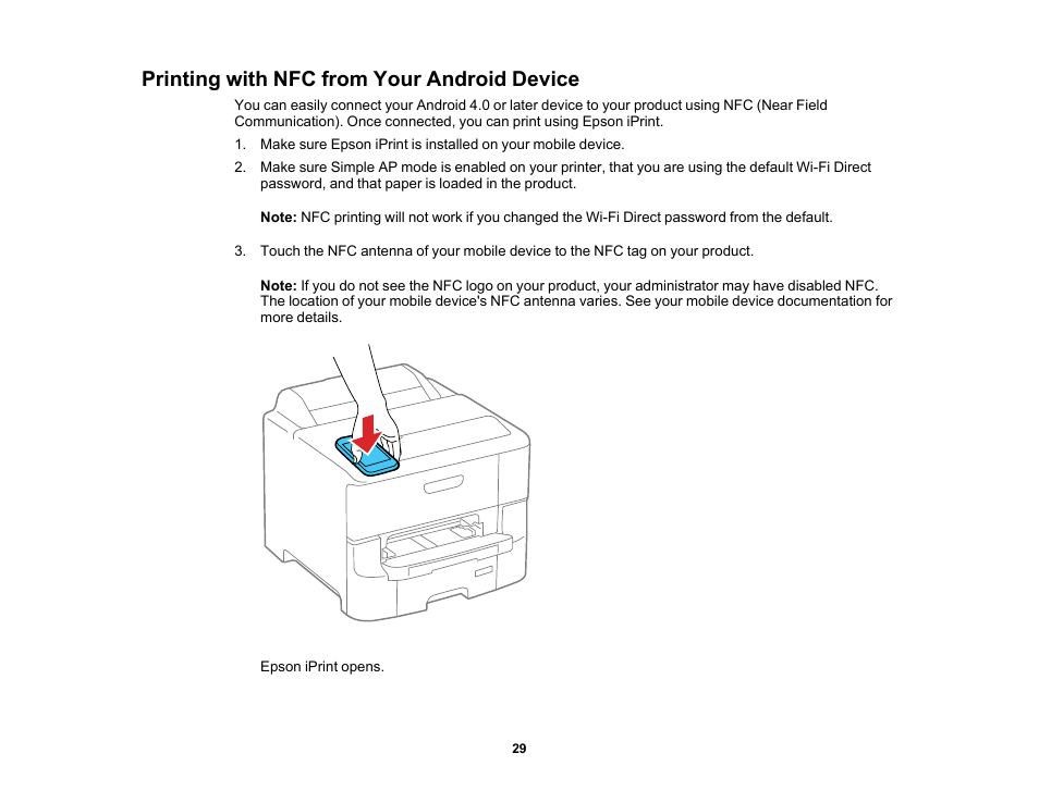 Printing with nfc from your android device | Epson WorkForce Pro WF-6090 Printer with PCL/PostScript User Manual | Page 29 / 252