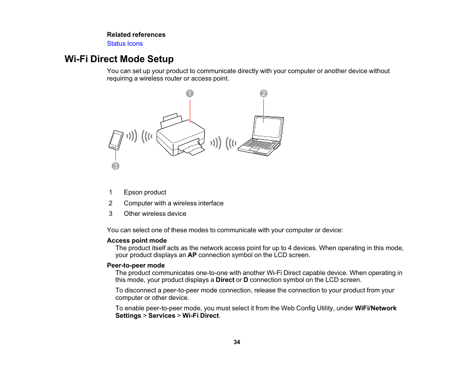 Wi-fi direct mode setup | Epson WorkForce Pro WF-6090 Printer with PCL/PostScript User Manual | Page 34 / 252