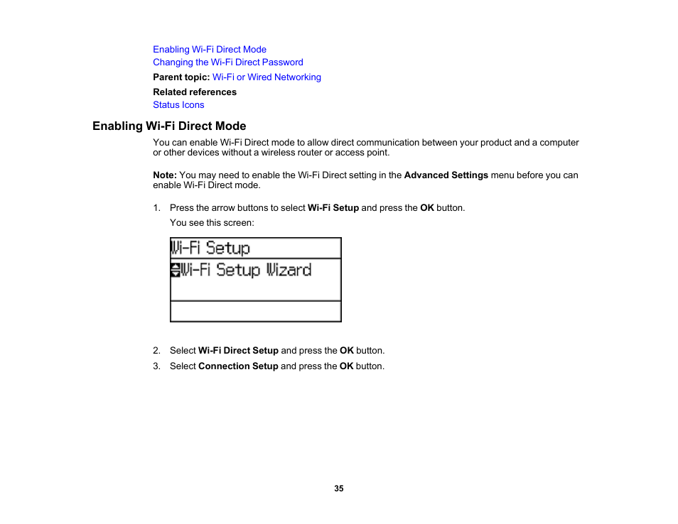 Enabling wi-fi direct mode | Epson WorkForce Pro WF-6090 Printer with PCL/PostScript User Manual | Page 35 / 252