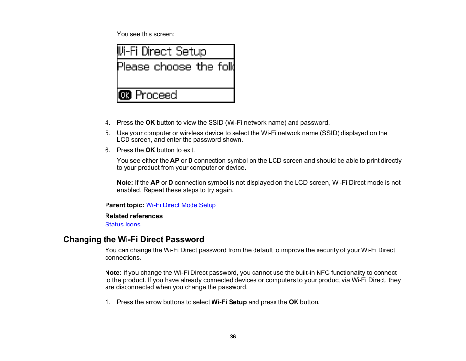 Changing the wi-fi direct password | Epson WorkForce Pro WF-6090 Printer with PCL/PostScript User Manual | Page 36 / 252