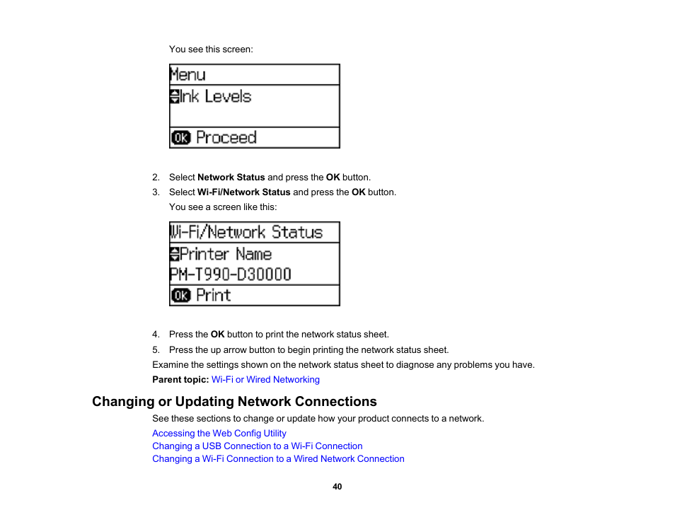 Changing or updating network connections | Epson WorkForce Pro WF-6090 Printer with PCL/PostScript User Manual | Page 40 / 252