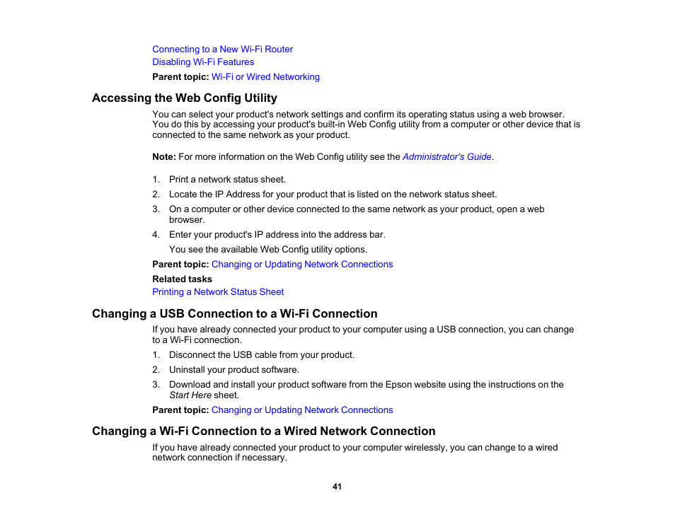 Accessing the web config utility, Changing a usb connection to a wi-fi connection | Epson WorkForce Pro WF-6090 Printer with PCL/PostScript User Manual | Page 41 / 252