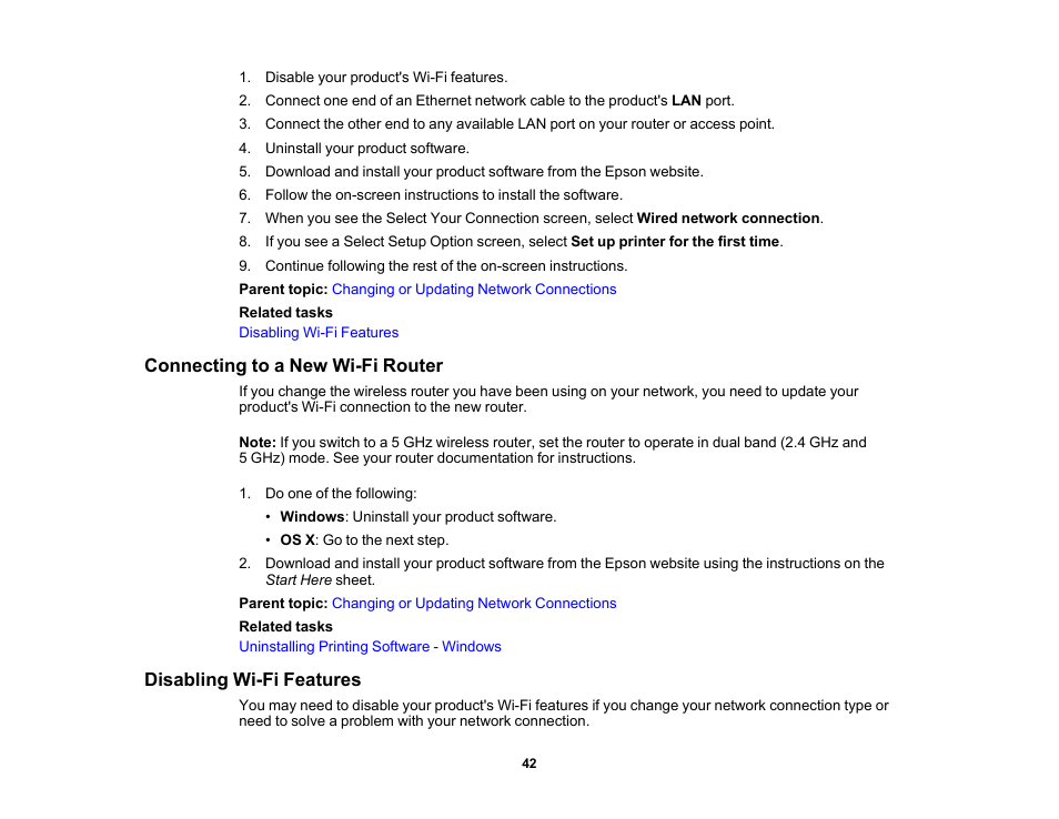 Connecting to a new wi-fi router, Disabling wi-fi features | Epson WorkForce Pro WF-6090 Printer with PCL/PostScript User Manual | Page 42 / 252