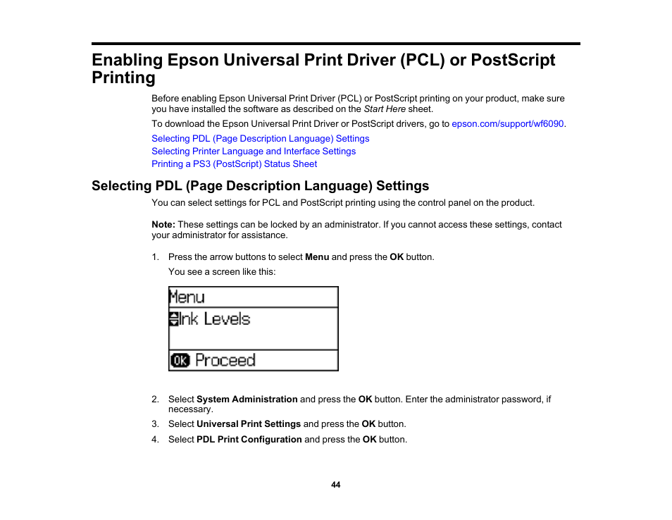 Selecting pdl (page description language) settings | Epson WorkForce Pro WF-6090 Printer with PCL/PostScript User Manual | Page 44 / 252