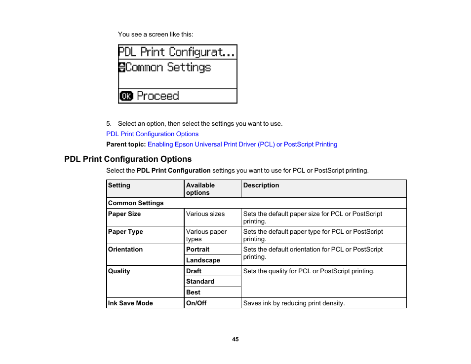 Pdl print configuration options | Epson WorkForce Pro WF-6090 Printer with PCL/PostScript User Manual | Page 45 / 252