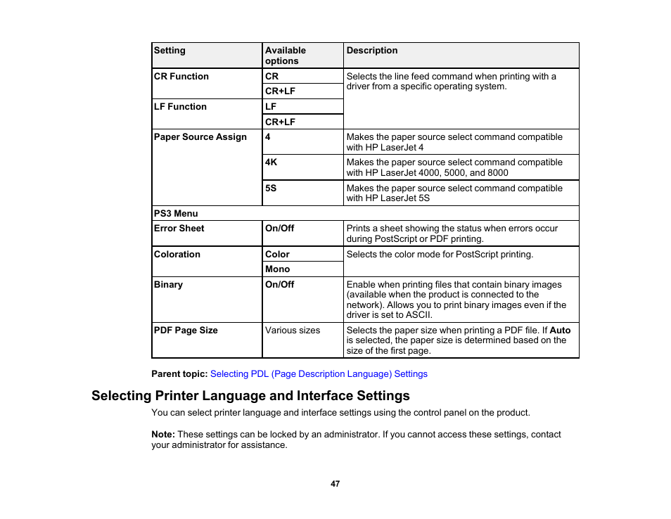 Selecting printer language and interface settings | Epson WorkForce Pro WF-6090 Printer with PCL/PostScript User Manual | Page 47 / 252