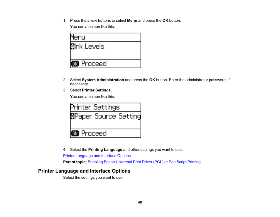 Printer language and interface options | Epson WorkForce Pro WF-6090 Printer with PCL/PostScript User Manual | Page 48 / 252