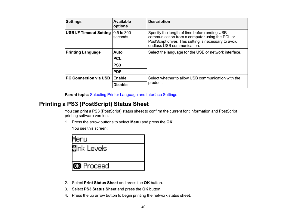 Printing a ps3 (postscript) status sheet | Epson WorkForce Pro WF-6090 Printer with PCL/PostScript User Manual | Page 49 / 252