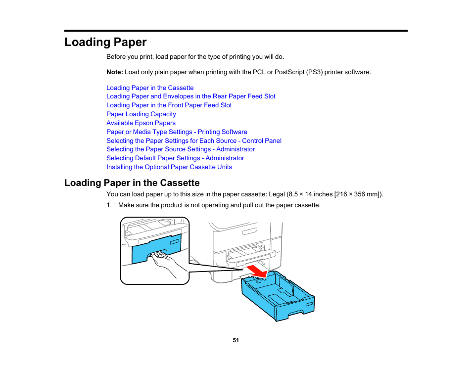 Loading paper, Loading paper in the cassette | Epson WorkForce Pro WF-6090 Printer with PCL/PostScript User Manual | Page 51 / 252