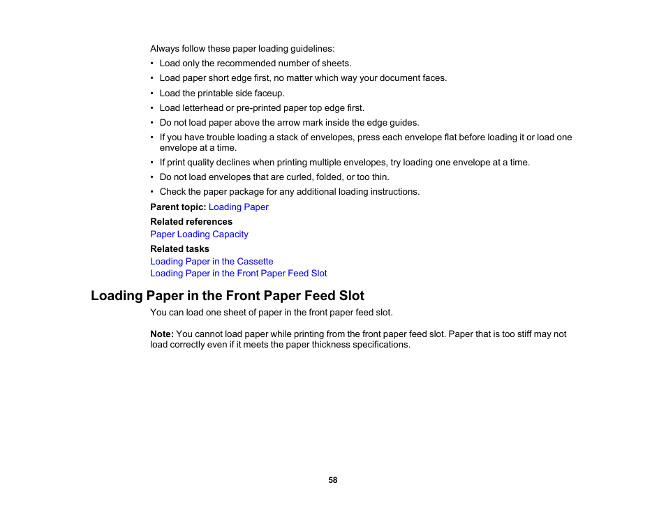 Loading paper in the front paper feed slot | Epson WorkForce Pro WF-6090 Printer with PCL/PostScript User Manual | Page 58 / 252