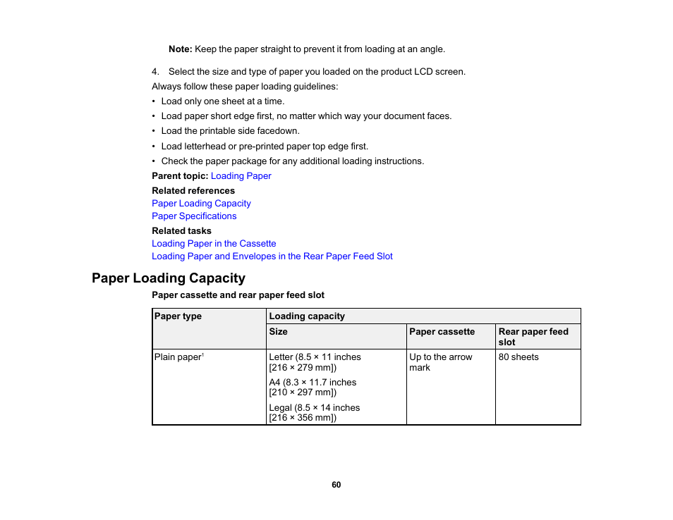 Paper loading capacity | Epson WorkForce Pro WF-6090 Printer with PCL/PostScript User Manual | Page 60 / 252