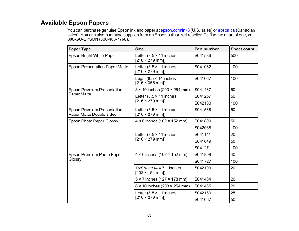 Available epson papers | Epson WorkForce Pro WF-6090 Printer with PCL/PostScript User Manual | Page 63 / 252