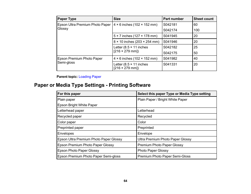 Paper or media type settings - printing software | Epson WorkForce Pro WF-6090 Printer with PCL/PostScript User Manual | Page 64 / 252