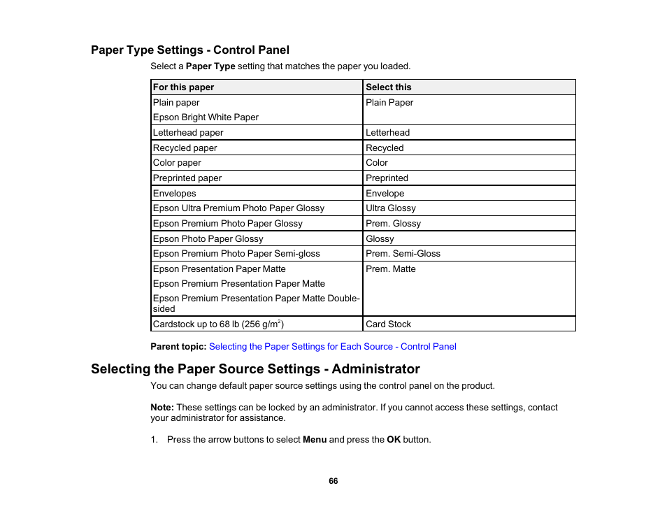 Paper type settings - control panel | Epson WorkForce Pro WF-6090 Printer with PCL/PostScript User Manual | Page 66 / 252