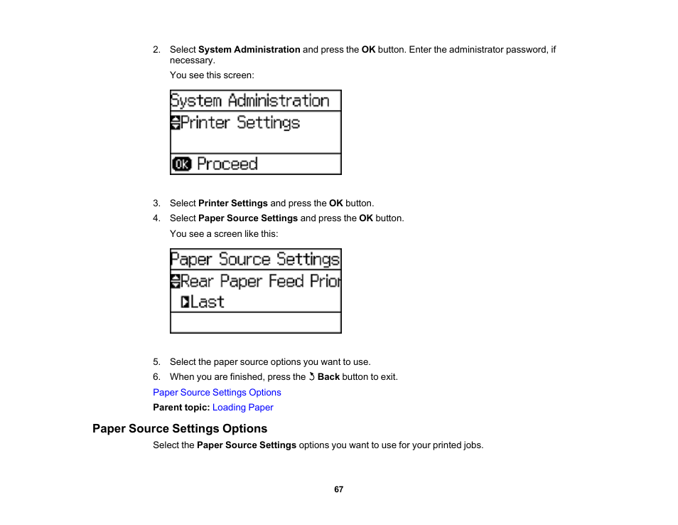 Paper source settings options | Epson WorkForce Pro WF-6090 Printer with PCL/PostScript User Manual | Page 67 / 252