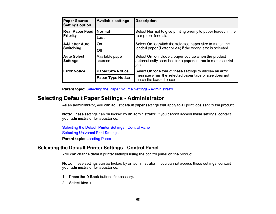 Selecting default paper settings - administrator | Epson WorkForce Pro WF-6090 Printer with PCL/PostScript User Manual | Page 68 / 252