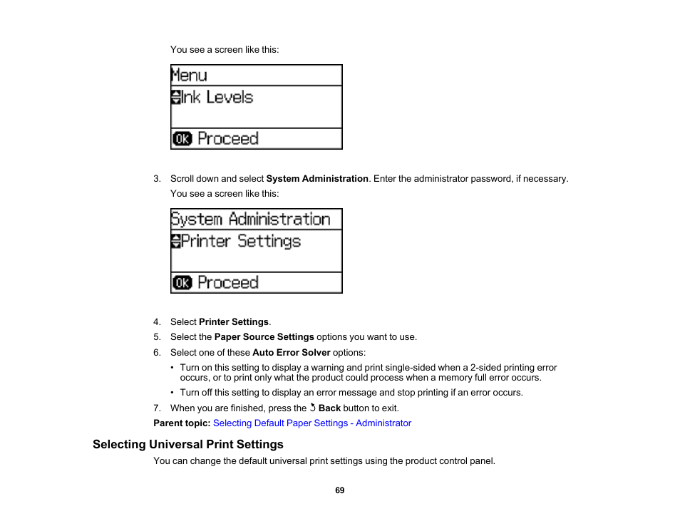 Selecting universal print settings | Epson WorkForce Pro WF-6090 Printer with PCL/PostScript User Manual | Page 69 / 252