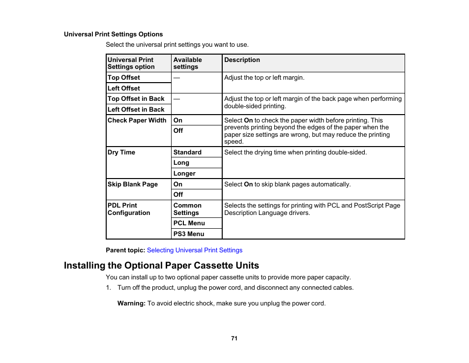 Universal print settings options, Installing the optional paper cassette units | Epson WorkForce Pro WF-6090 Printer with PCL/PostScript User Manual | Page 71 / 252