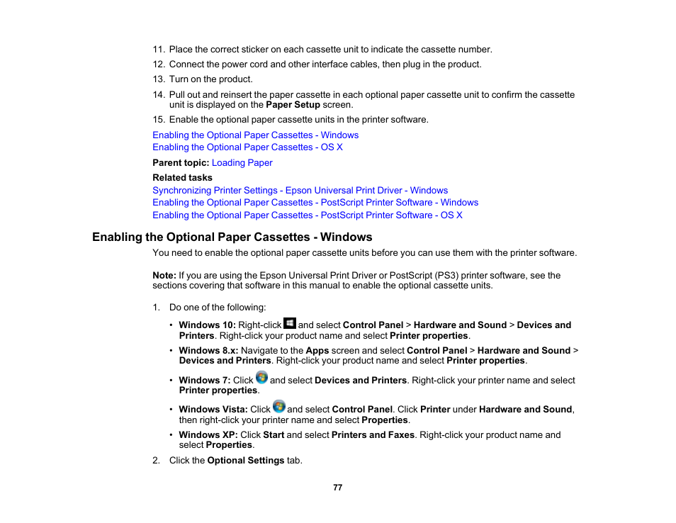 Enabling the optional paper cassettes - windows | Epson WorkForce Pro WF-6090 Printer with PCL/PostScript User Manual | Page 77 / 252