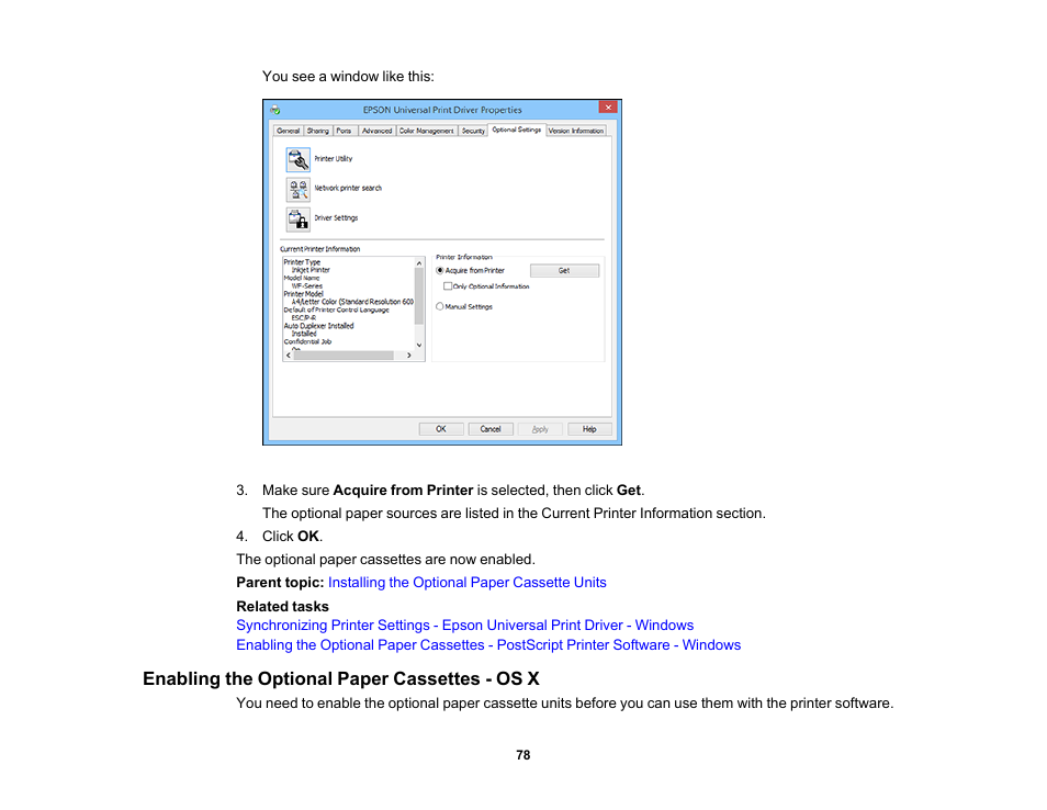 Enabling the optional paper cassettes - os x | Epson WorkForce Pro WF-6090 Printer with PCL/PostScript User Manual | Page 78 / 252