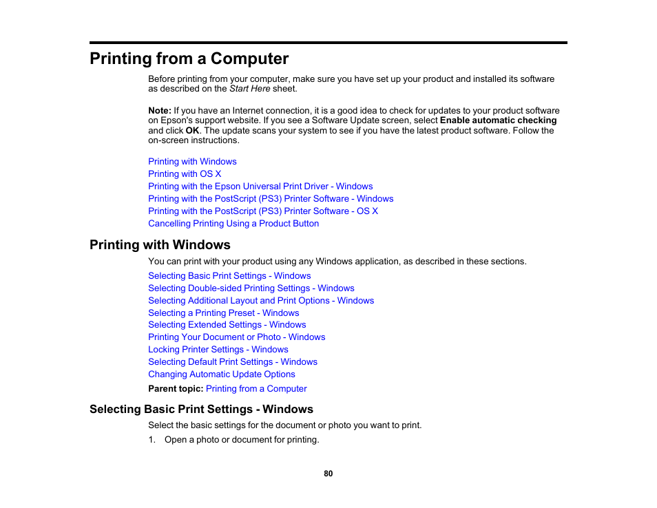 Printing from a computer, Printing with windows, Selecting basic print settings - windows | Epson WorkForce Pro WF-6090 Printer with PCL/PostScript User Manual | Page 80 / 252