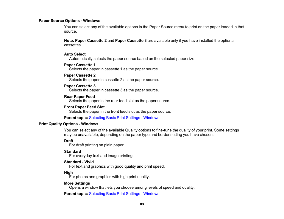 Paper source options - windows, Print quality options - windows | Epson WorkForce Pro WF-6090 Printer with PCL/PostScript User Manual | Page 83 / 252