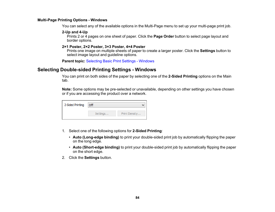 Selecting double-sided printing settings - windows | Epson WorkForce Pro WF-6090 Printer with PCL/PostScript User Manual | Page 84 / 252