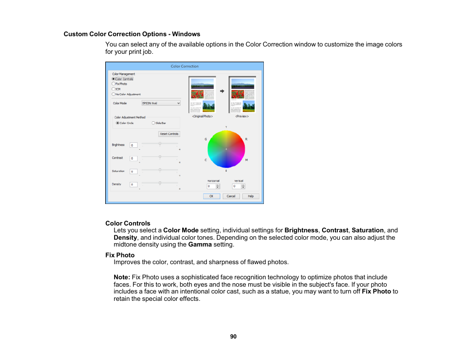 Custom color correction options - windows | Epson WorkForce Pro WF-6090 Printer with PCL/PostScript User Manual | Page 90 / 252