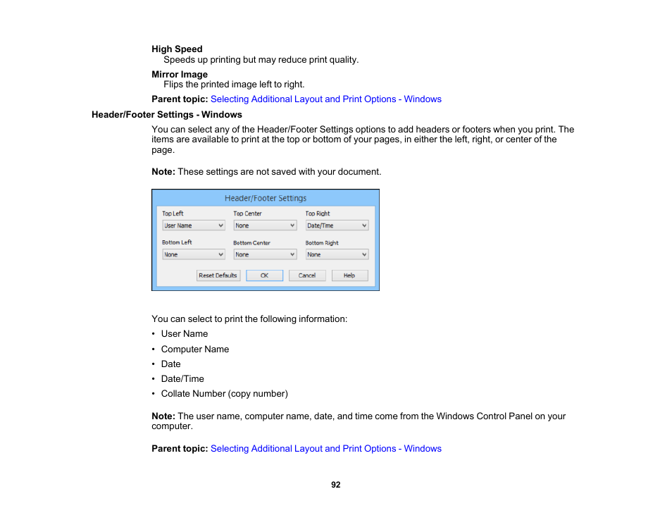 Header/footer settings - windows | Epson WorkForce Pro WF-6090 Printer with PCL/PostScript User Manual | Page 92 / 252