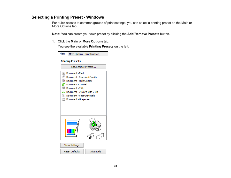 Selecting a printing preset - windows | Epson WorkForce Pro WF-6090 Printer with PCL/PostScript User Manual | Page 93 / 252