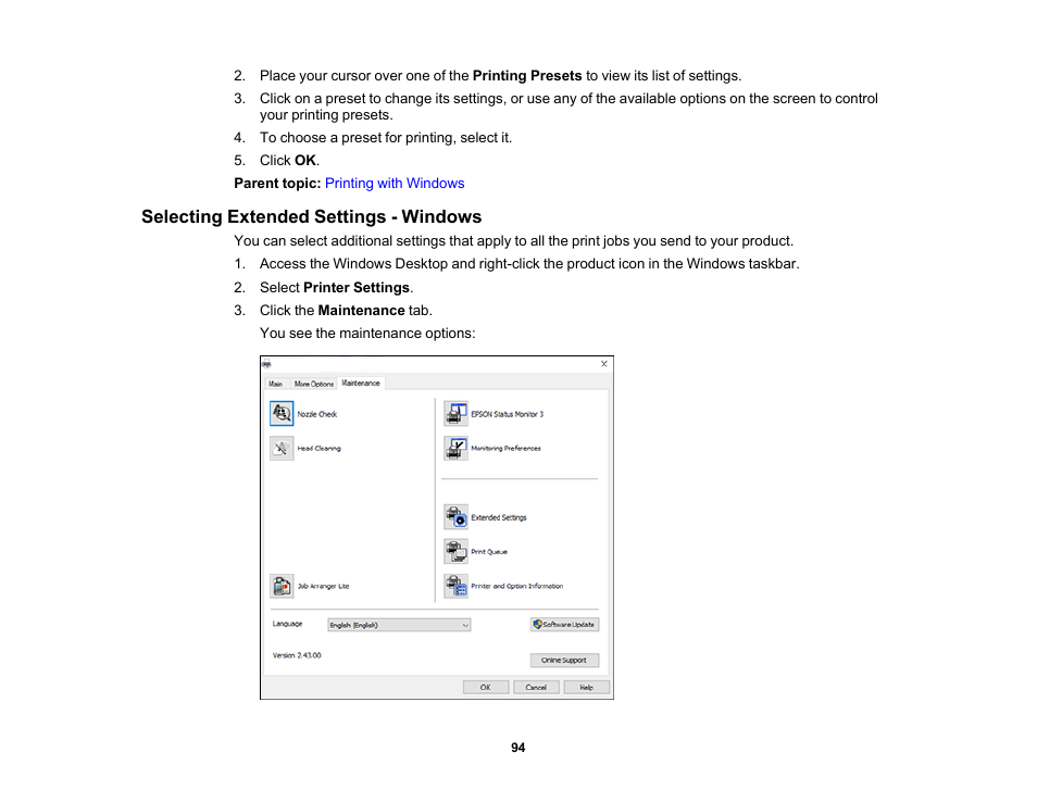 Selecting extended settings - windows | Epson WorkForce Pro WF-6090 Printer with PCL/PostScript User Manual | Page 94 / 252