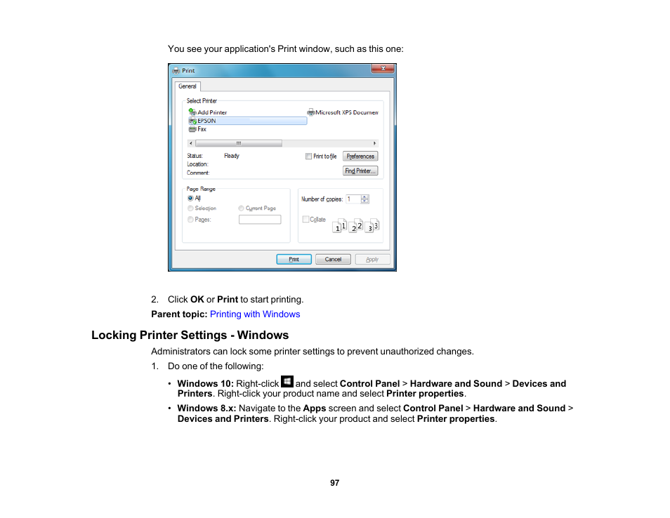 Locking printer settings - windows | Epson WorkForce Pro WF-6090 Printer with PCL/PostScript User Manual | Page 97 / 252