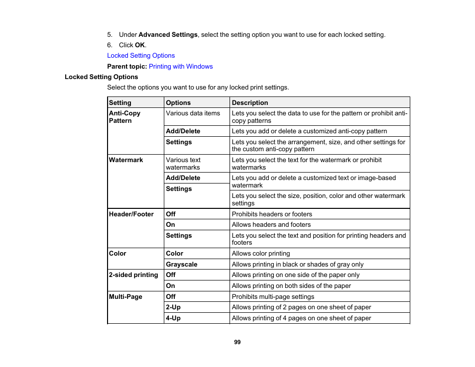 Locked setting options | Epson WorkForce Pro WF-6090 Printer with PCL/PostScript User Manual | Page 99 / 252