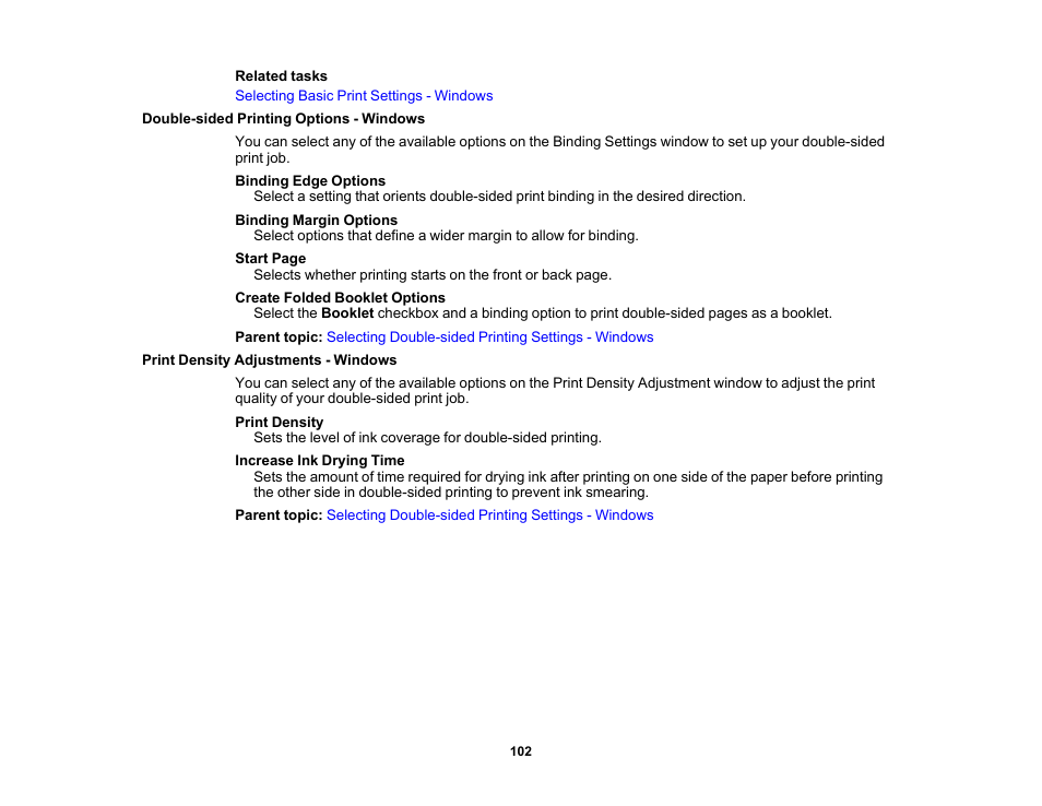 Double-sided printing options - windows, Print density adjustments - windows | Epson EcoTank Photo ET-8500 Wireless Color All-in-One Supertank Printer User Manual | Page 102 / 346