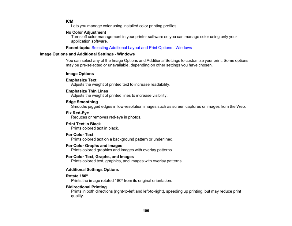 Image options and additional settings - windows | Epson EcoTank Photo ET-8500 Wireless Color All-in-One Supertank Printer User Manual | Page 106 / 346