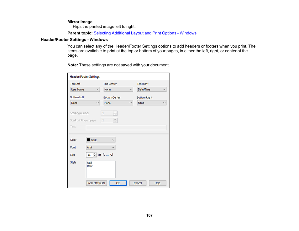 Header/footer settings - windows | Epson EcoTank Photo ET-8500 Wireless Color All-in-One Supertank Printer User Manual | Page 107 / 346