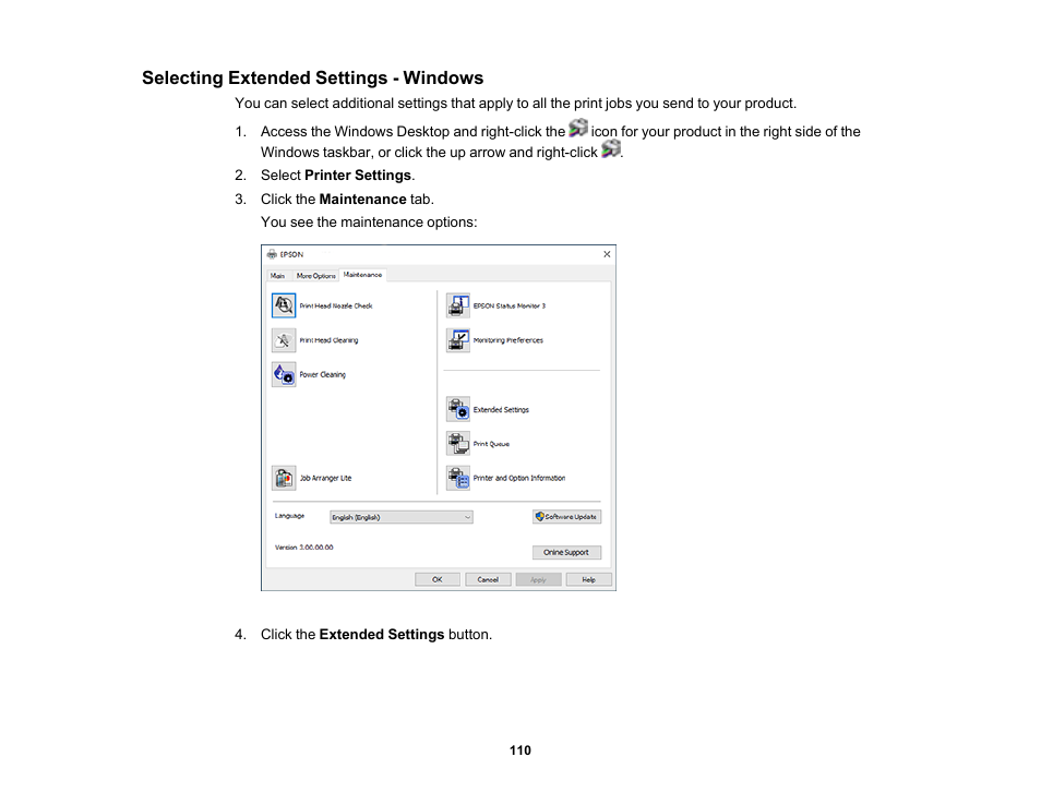 Selecting extended settings - windows | Epson EcoTank Photo ET-8500 Wireless Color All-in-One Supertank Printer User Manual | Page 110 / 346