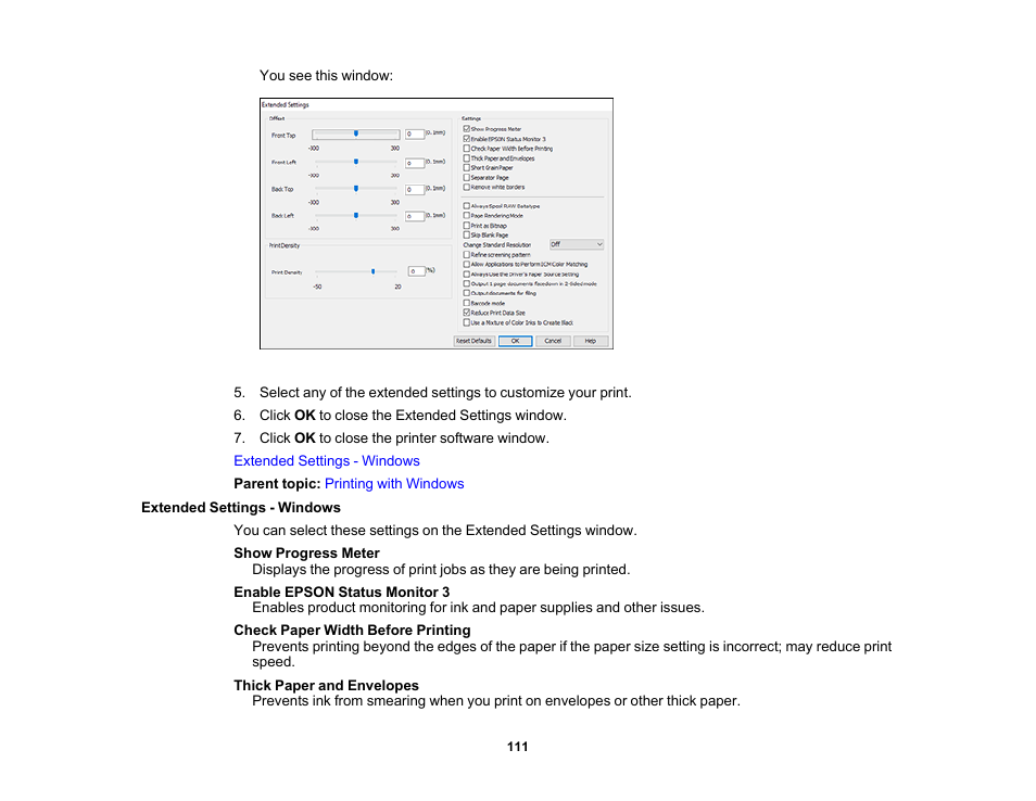 Extended settings - windows | Epson EcoTank Photo ET-8500 Wireless Color All-in-One Supertank Printer User Manual | Page 111 / 346
