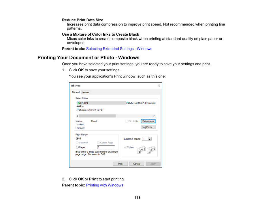 Printing your document or photo - windows | Epson EcoTank Photo ET-8500 Wireless Color All-in-One Supertank Printer User Manual | Page 113 / 346