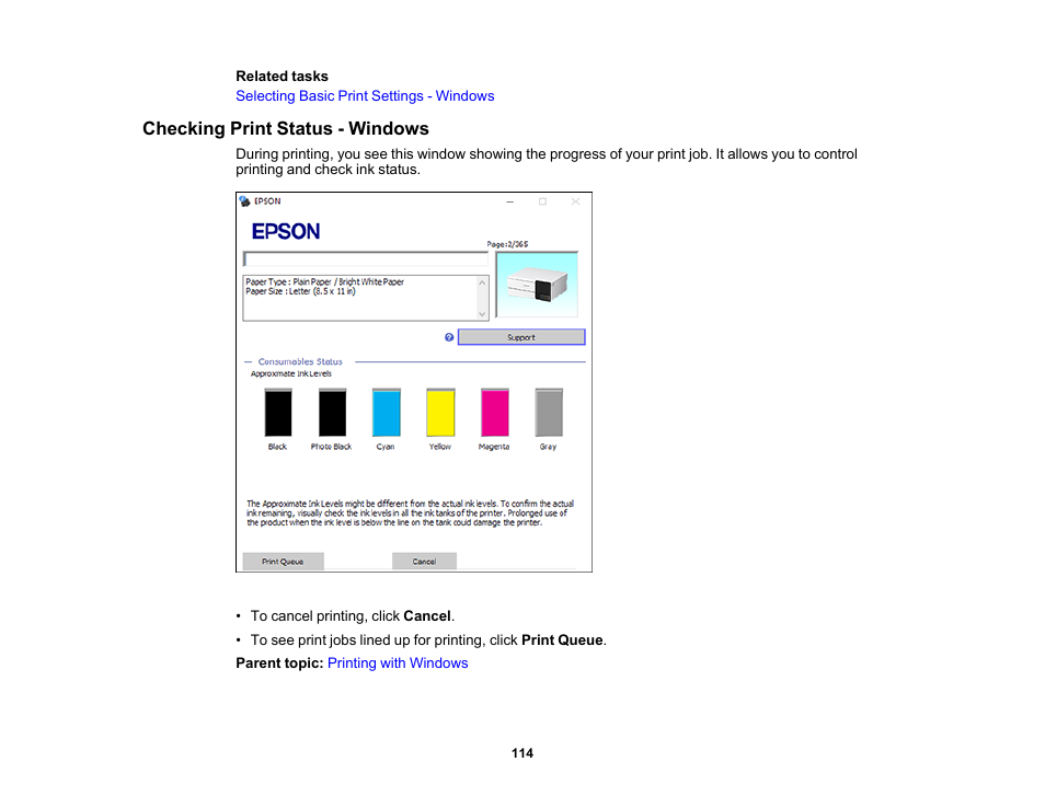 Checking print status - windows | Epson EcoTank Photo ET-8500 Wireless Color All-in-One Supertank Printer User Manual | Page 114 / 346