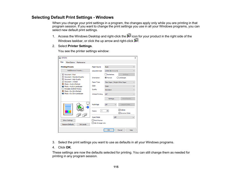 Selecting default print settings - windows | Epson EcoTank Photo ET-8500 Wireless Color All-in-One Supertank Printer User Manual | Page 115 / 346