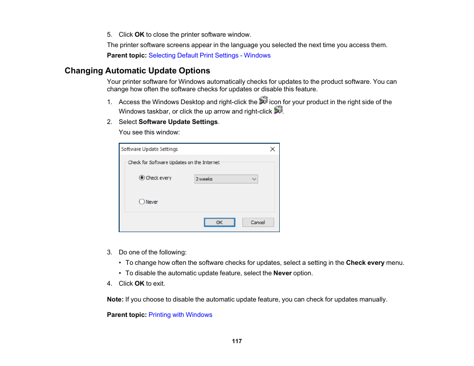 Changing automatic update options | Epson EcoTank Photo ET-8500 Wireless Color All-in-One Supertank Printer User Manual | Page 117 / 346