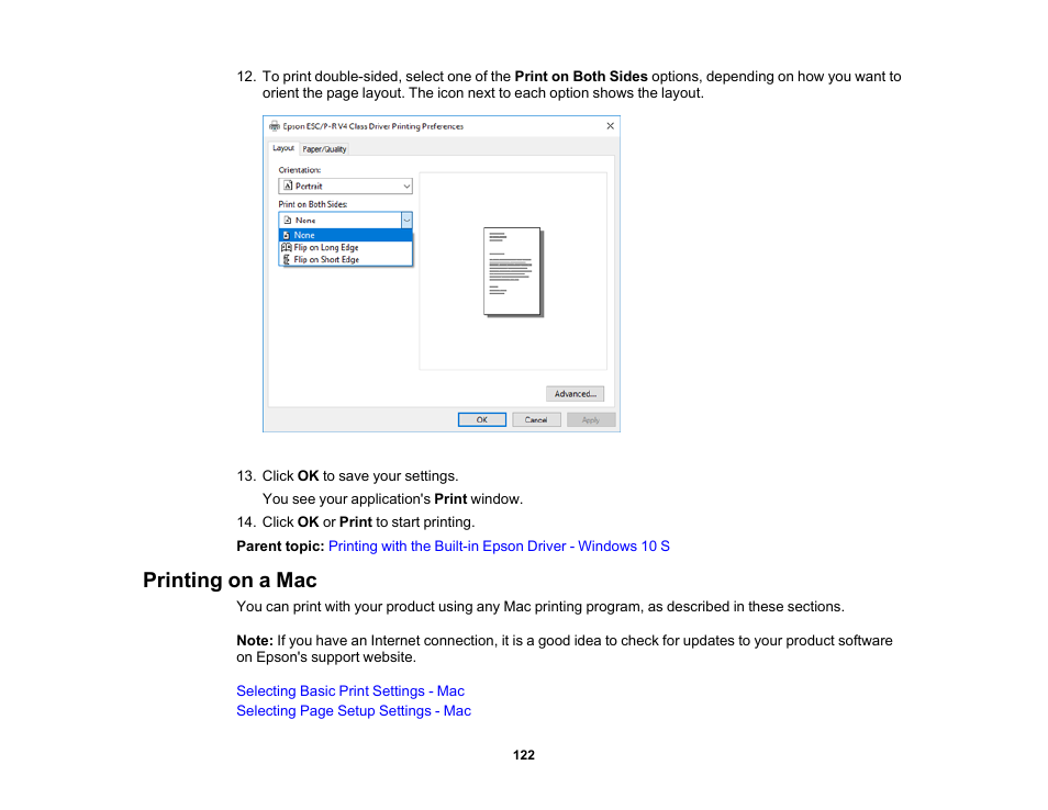 Printing on a mac | Epson EcoTank Photo ET-8500 Wireless Color All-in-One Supertank Printer User Manual | Page 122 / 346