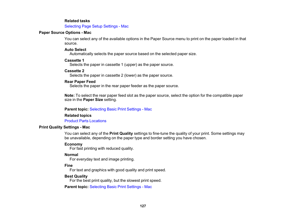 Paper source options - mac, Print quality settings - mac | Epson EcoTank Photo ET-8500 Wireless Color All-in-One Supertank Printer User Manual | Page 127 / 346