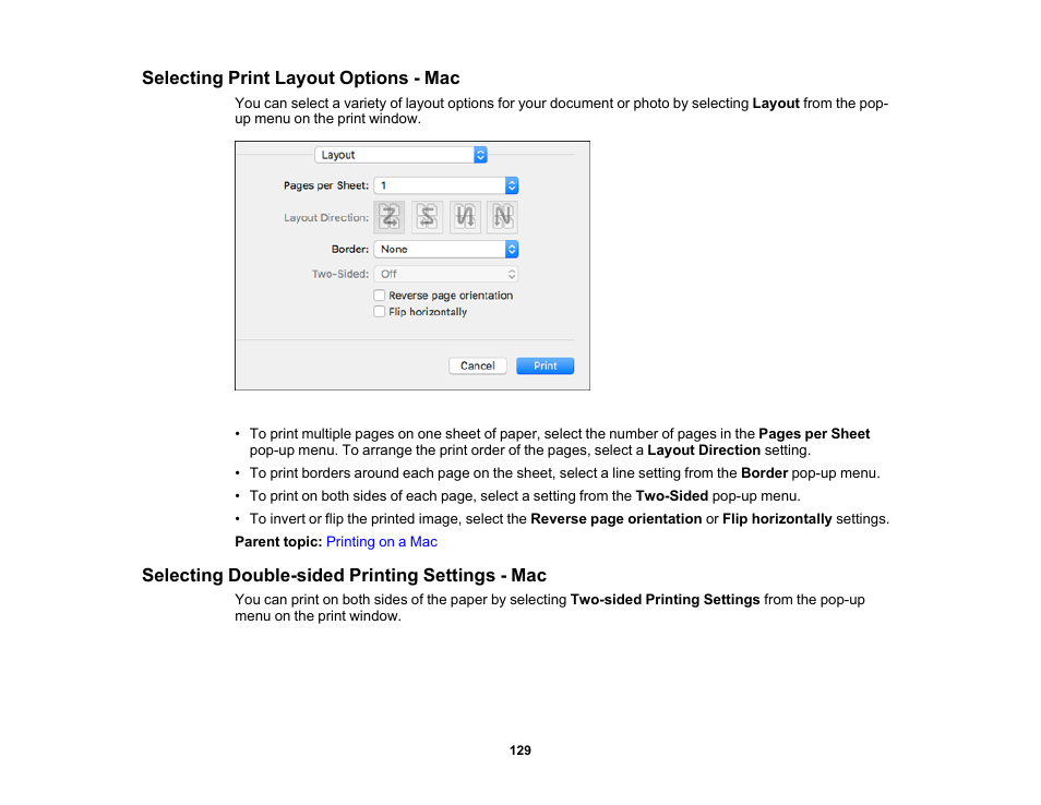 Selecting print layout options - mac, Selecting double-sided printing settings - mac | Epson EcoTank Photo ET-8500 Wireless Color All-in-One Supertank Printer User Manual | Page 129 / 346