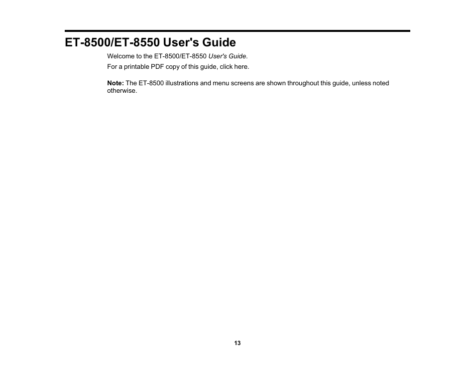 Et-8500/et-8550 user's guide | Epson EcoTank Photo ET-8500 Wireless Color All-in-One Supertank Printer User Manual | Page 13 / 346