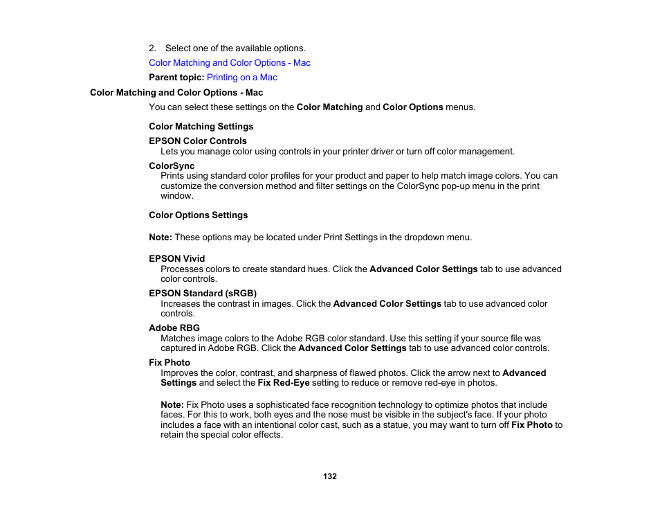 Color matching and color options - mac | Epson EcoTank Photo ET-8500 Wireless Color All-in-One Supertank Printer User Manual | Page 132 / 346