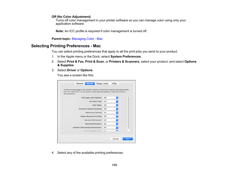 Selecting printing preferences - mac | Epson EcoTank Photo ET-8500 Wireless Color All-in-One Supertank Printer User Manual | Page 133 / 346