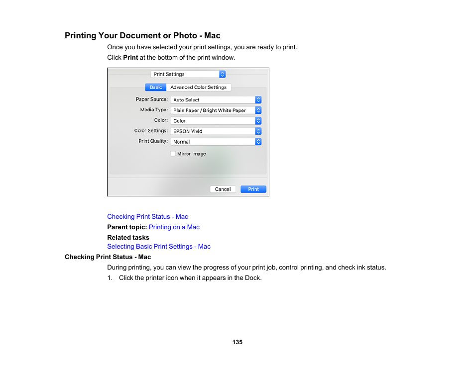 Printing your document or photo - mac, Checking print status - mac | Epson EcoTank Photo ET-8500 Wireless Color All-in-One Supertank Printer User Manual | Page 135 / 346