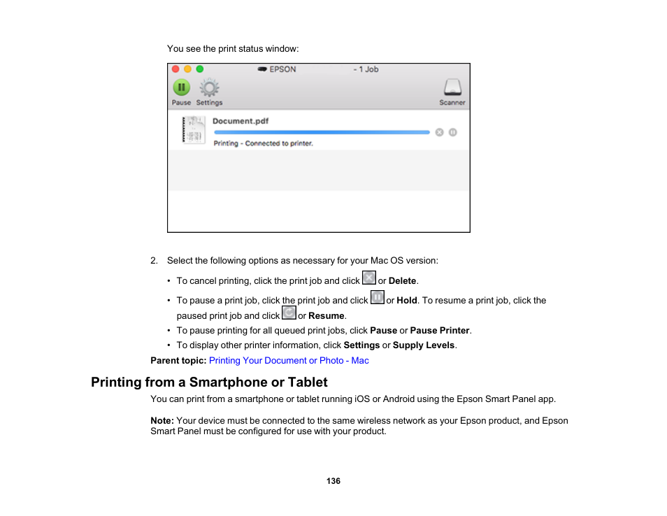 Printing from a smartphone or tablet | Epson EcoTank Photo ET-8500 Wireless Color All-in-One Supertank Printer User Manual | Page 136 / 346